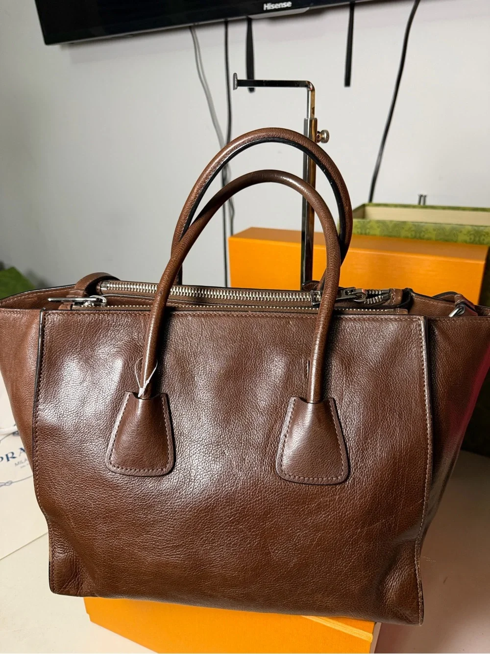 Authentic Prada Twin Pocket Brown Leather Tote Shoulder Bag + COA